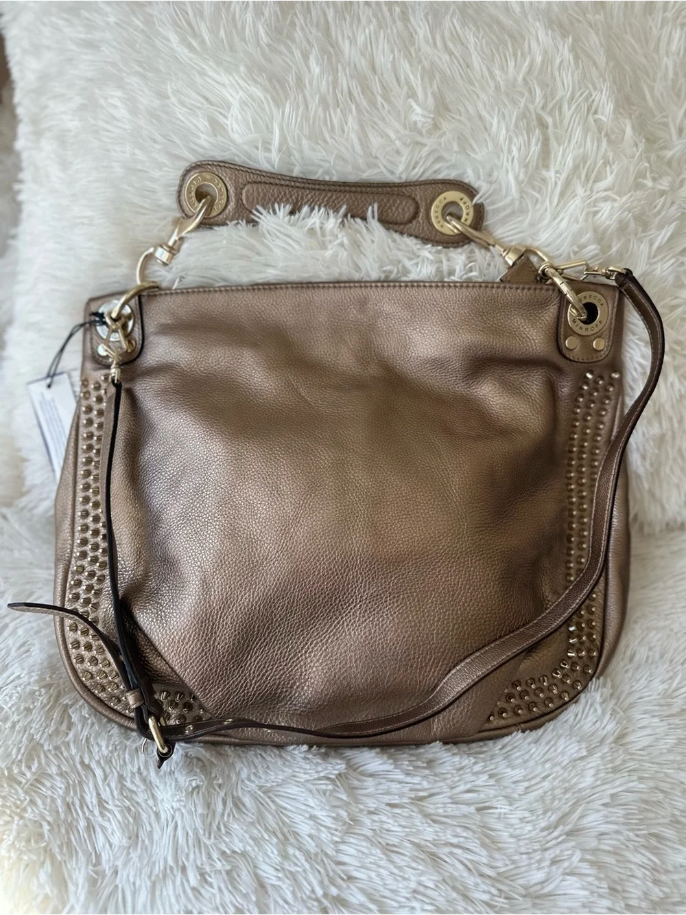 REBECCA MINKOFF Mini Luscious Hobo Bronze Leather Studded Shoulder Bag NWT